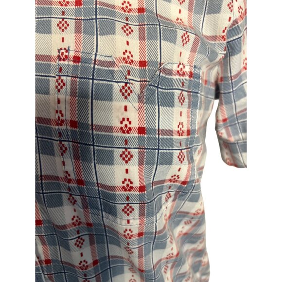 Adrian Delafield Blouse M Button Up short sleeve pocket plaid red whit blue - Picture 10 of 11